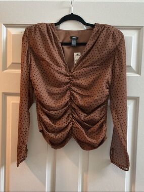 Express Brown Polka Dot Ruched V-Neck Blouse